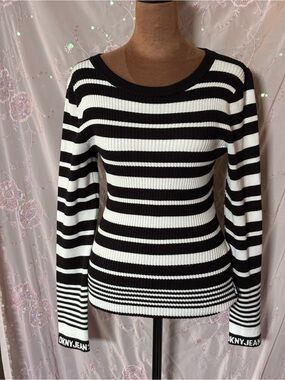 DKNY Black and White Striped Knit Sweater